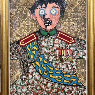 Enrico Baj ( 1924 – 2003 ) – Mixed media with passamentrie and collage on brocade with originals medals and pins – 1971