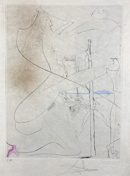Salvador Dalí ( 1904 – 1989 ) – Femme à le béquille ( Woman with Crutch ) – hand watercolored drypoint etching – 1969